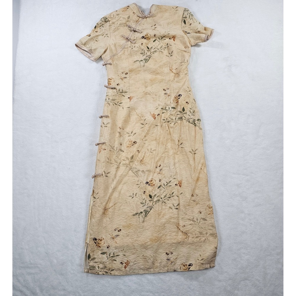 Vintage Style Cheongsam Qipao Dress Beige Butterfly Bee Print Frog Knots Size M